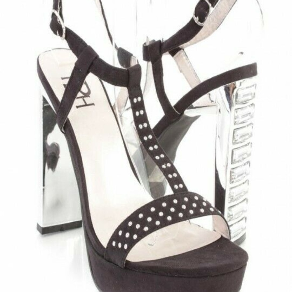 Black Studded T Strap  Faux Suede Platform Heels